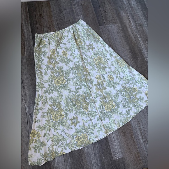 VTG JM COLLECTION 100% Linen Floral Green Yellow White A Line Skirt Size L 12 - Picture 5 of 7